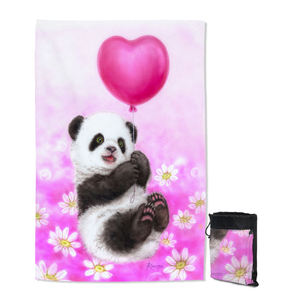 Cute Girls Lightweight Beach Towel Design Flowers Heart Balloon and Panda