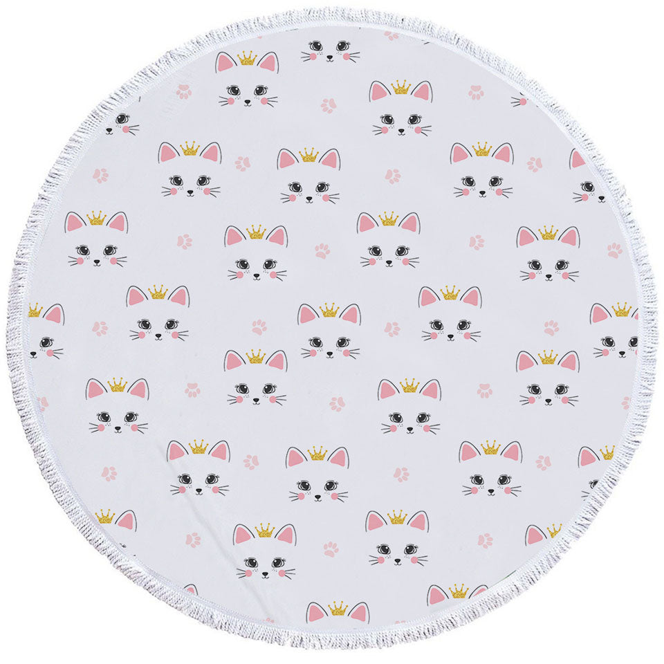 Cute Girls Round Beach Towel Adorable Cat Princess and Paw Pattern