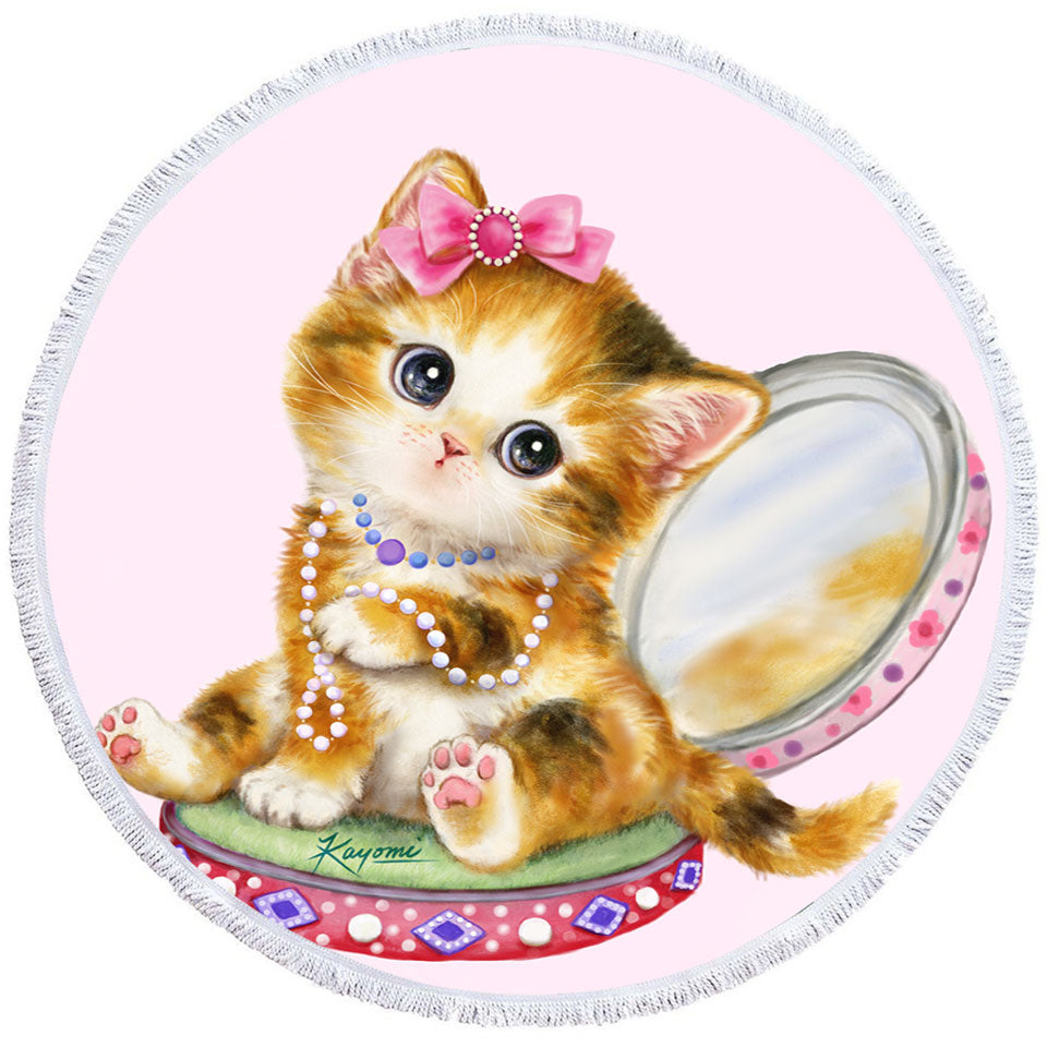 Cute Girls Round Beach Towel Cat Drawings Ginger Tabby Girl Kitten