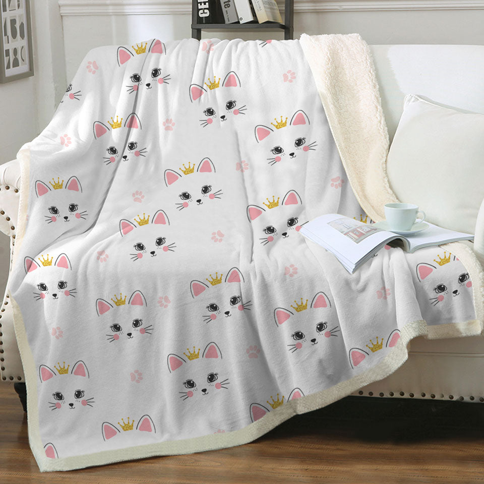 Cute Girls Throw Blanket Adorable Cat Princess and Paw Pattern