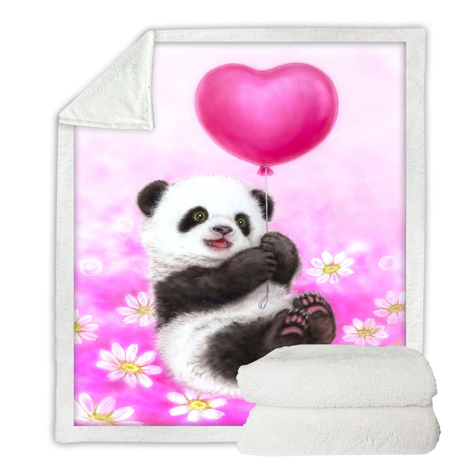 Cute Girls Throw Blanket Design Flowers Heart Balloon and Panda