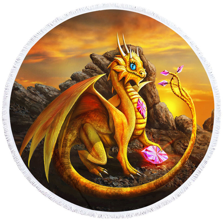 Cute Girly Round Beach Towel Golden Dragon
