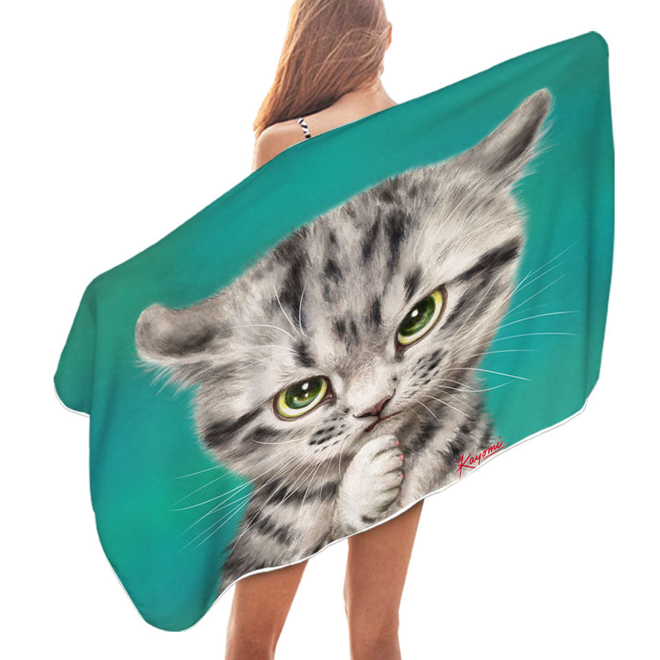 Cute Grey Striped Threatening Kitty Cat Beach Towels