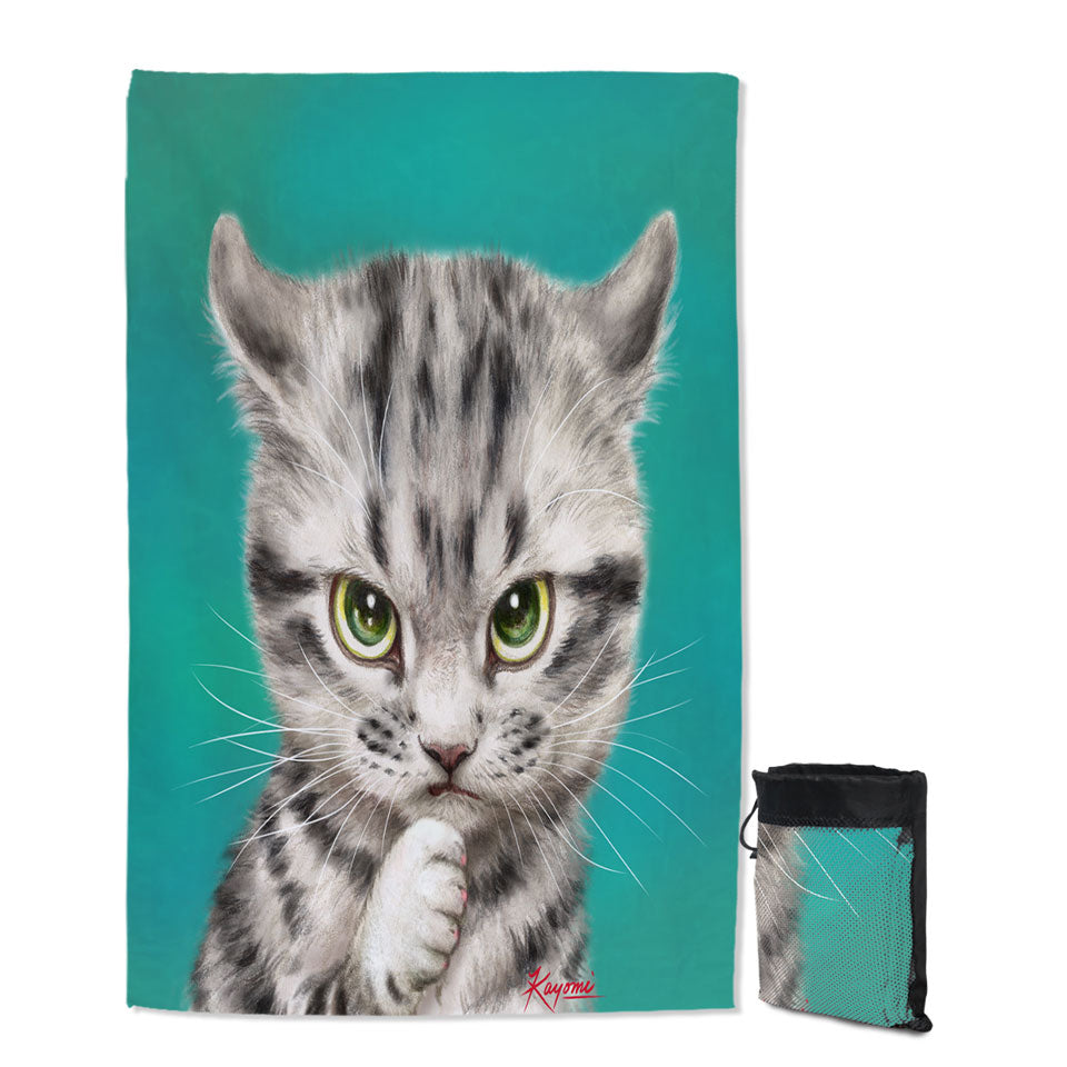 Cute Grey Striped Threatening Kitty Cat Lightweight Beach Towel
