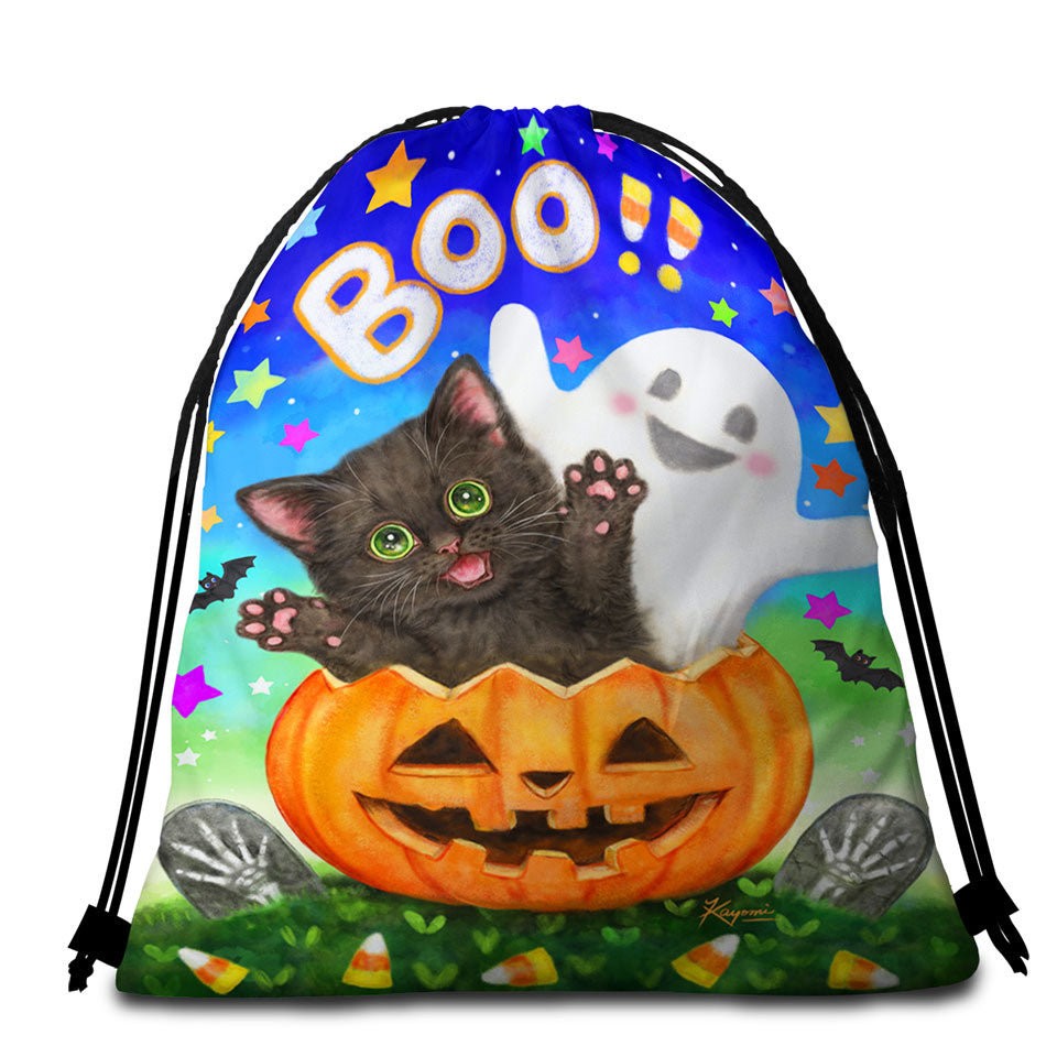 Cute Halloween Design Beach Towel Bags Pumpkin Ghost and Cat
