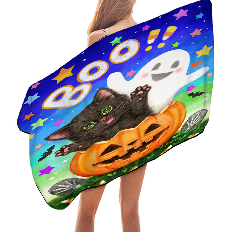Cute Halloween Design Beach Towels With Pumpkin Ghost and Cat