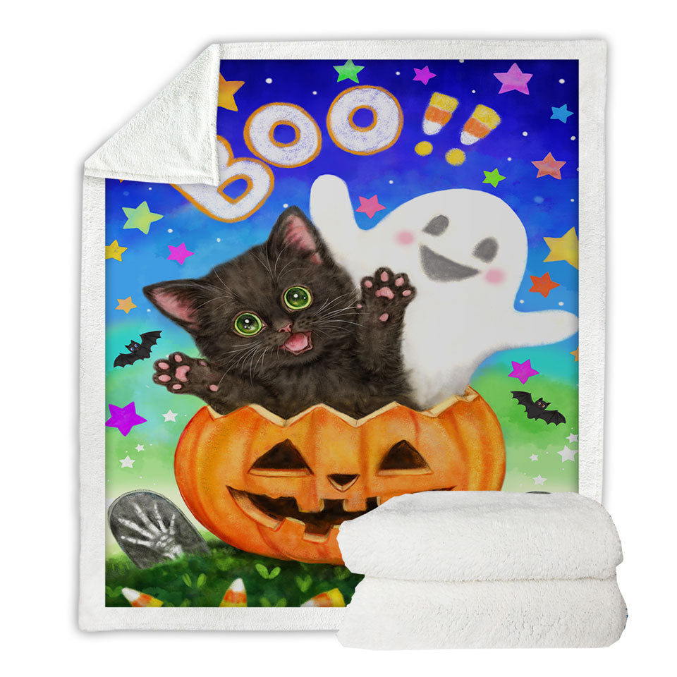 Cute Halloween Design Blankets with Pumpkin Ghost and Cat
