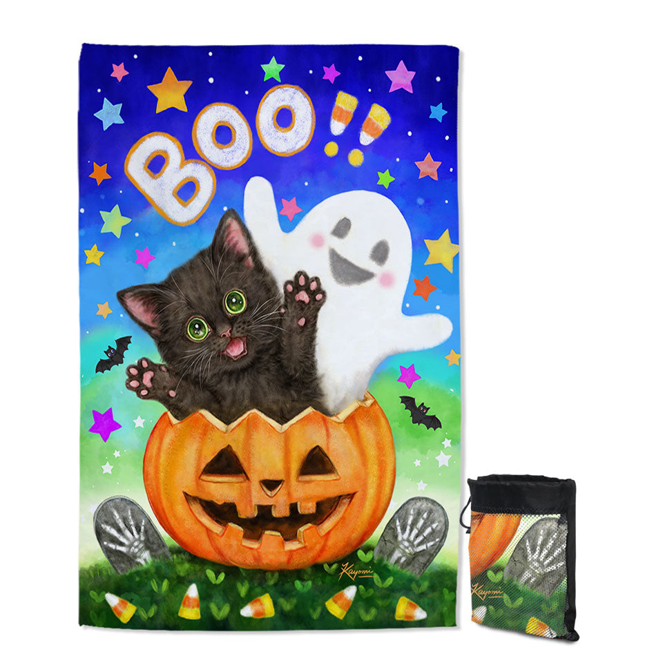 Cute Halloween Design Quick Dry Beach Towel Pumpkin Ghost and Cat