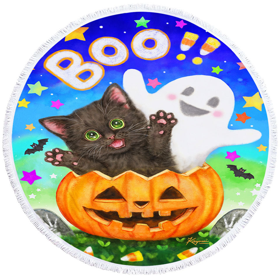 Cute Halloween Design Round Beach Towel Pumpkin Ghost and Cat