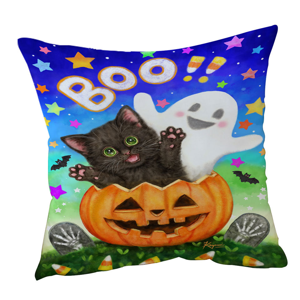 Cute Halloween Design Throw Pillows with Pumpkin Ghost and Cat