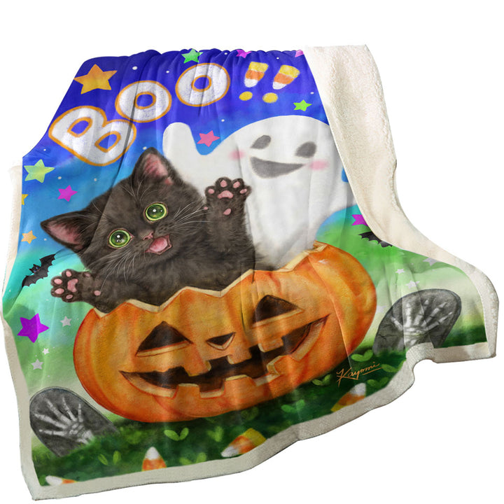 Cute Halloween Design Throws with Pumpkin Ghost and Cat