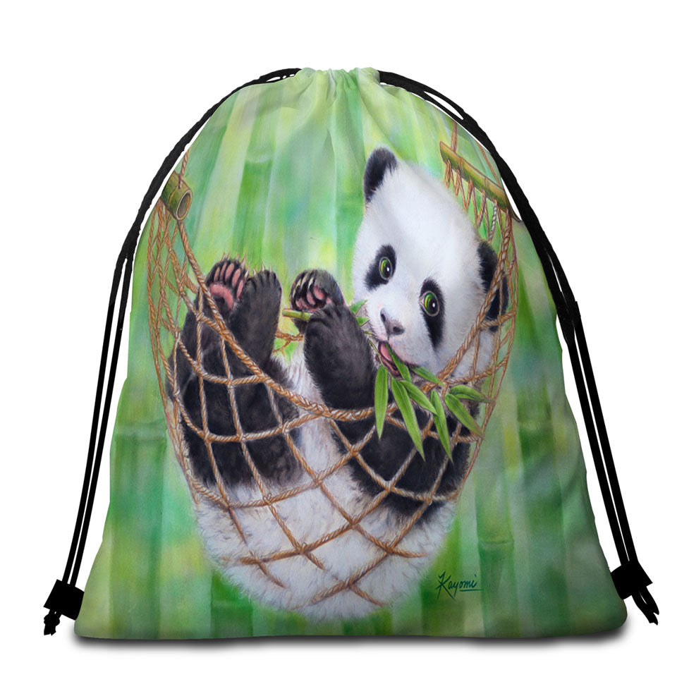 Cute Hammock Panda and Green Bamboo Leaves Beach Bags and Towels