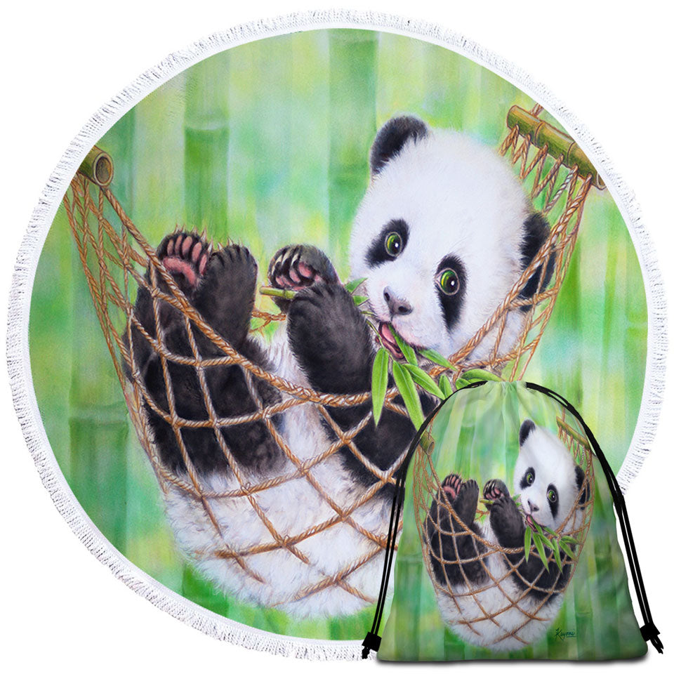 Cute Hammock Panda and Green Bamboo Leaves Beach Towels