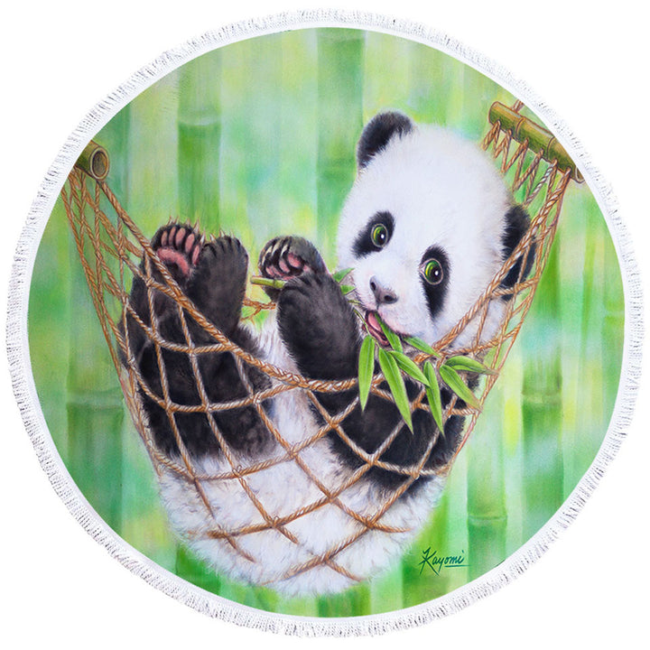 Cute Hammock Panda and Green Bamboo Leaves Circle Beach Towel