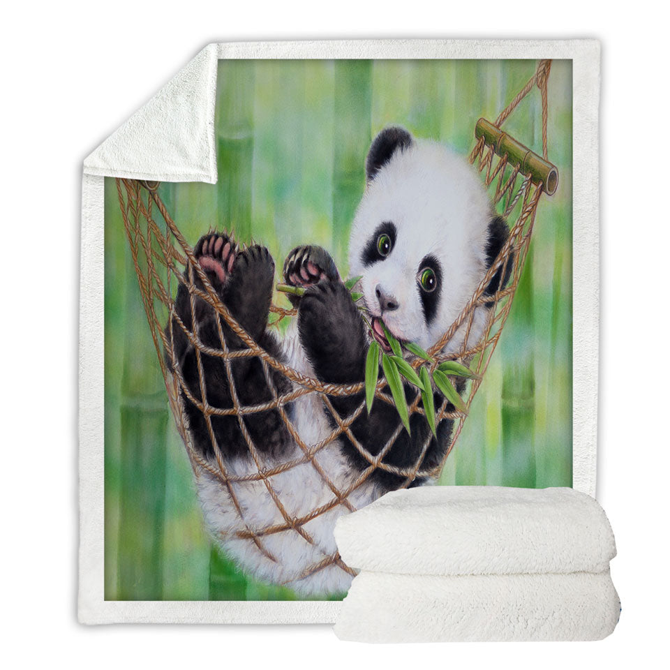 Cute Hammock Panda and Green Bamboo Leaves Couch Throws