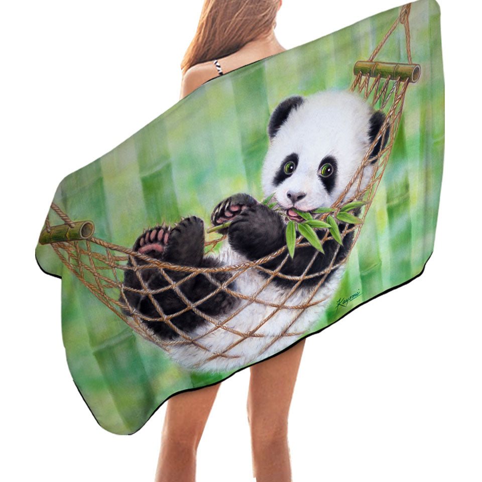 Cute Hammock Panda and Green Bamboo Leaves Microfiber Beach Towel