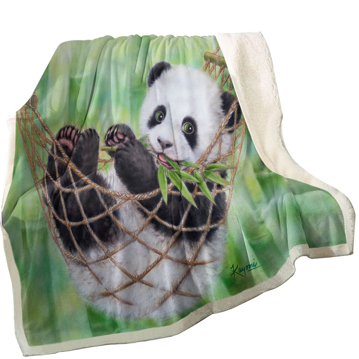 Cute Hammock Panda and Green Bamboo Leaves Sofa Blankets