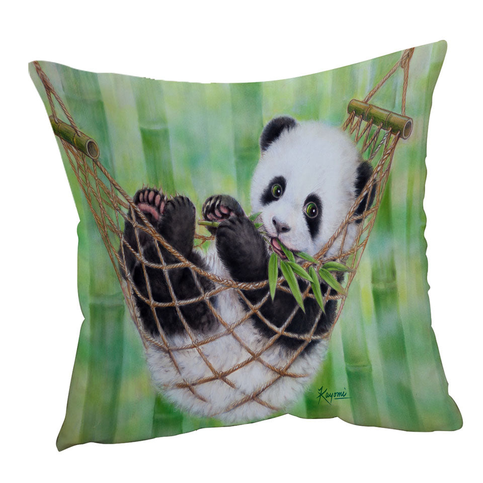 Cute Hammock Panda and Green Bamboo Leaves Throw Pillow and Cushion