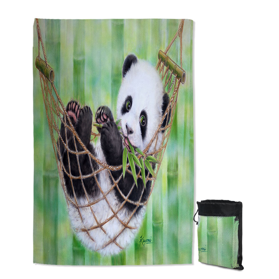 Cute Hammock Panda and Green Bamboo Leaves Travel Beach Towel