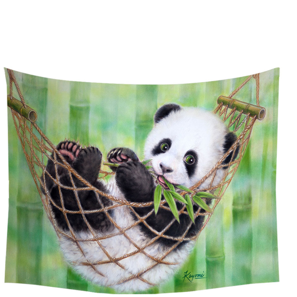 Cute Hammock Panda and Green Bamboo Leaves Wall Decor