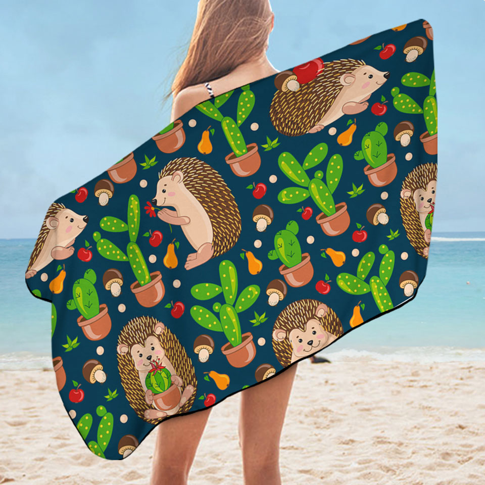 Cute Hedgehog and Cactus Kids Beach Towels
