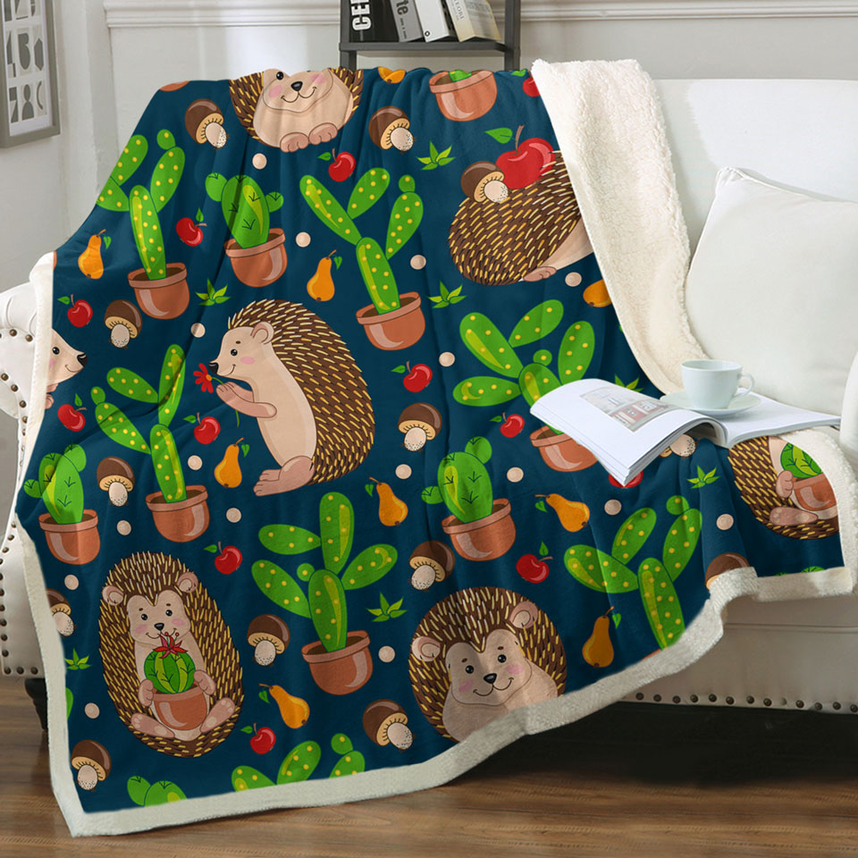 Cute Hedgehog and Cactus Kids Throw Blanket