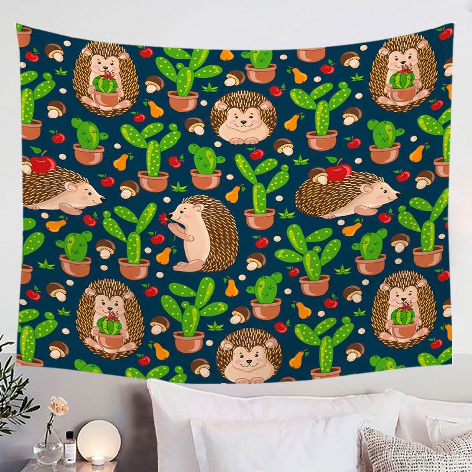Cute Hedgehog and Cactus Wall Decor Tapestry