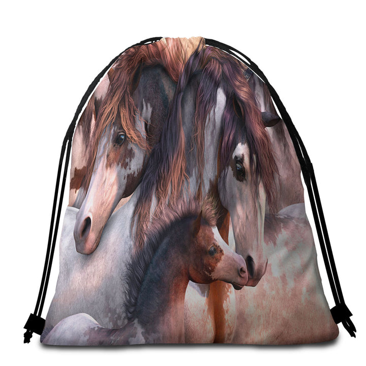 Cute Horses Art Beautiful Horse Family Beach Towel Bags