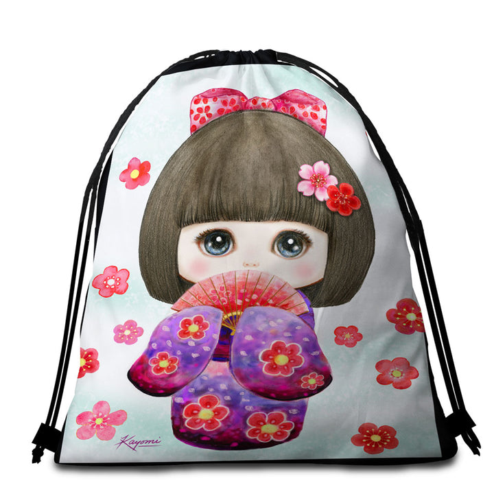 Cute Japanese Girl Beach Towel Bags Wearing Kimono and Folding Fan