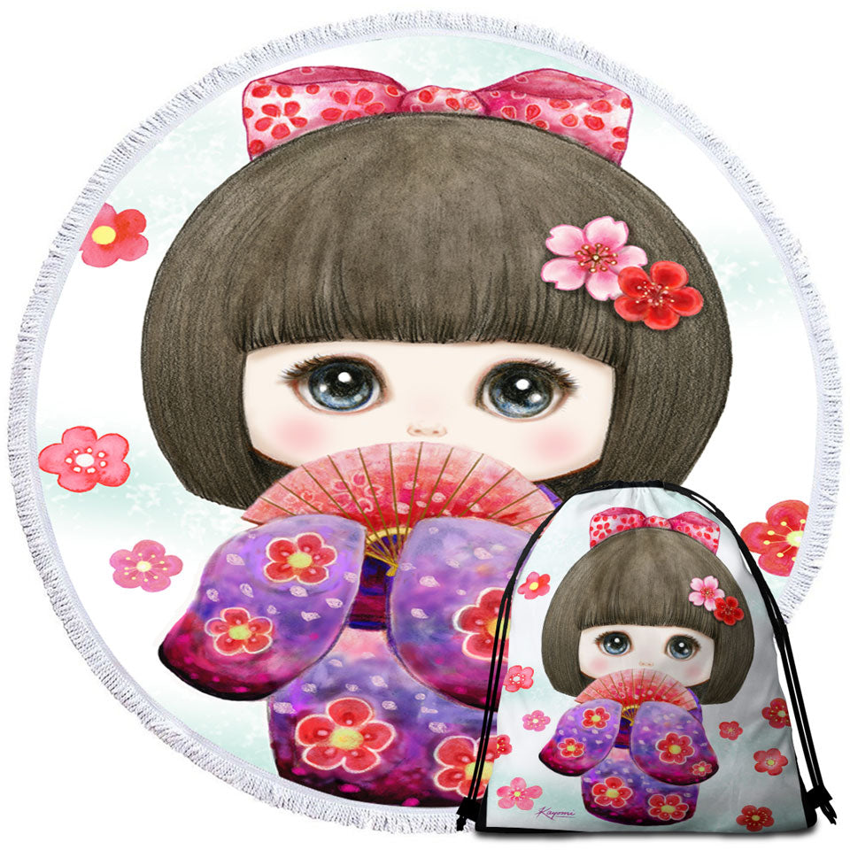 Cute Japanese Girl Beach Towels Wearing Kimono and Folding Fan