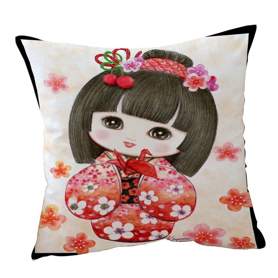 Cute Japanese Girl Cushion Covers Wearing Red Kimono