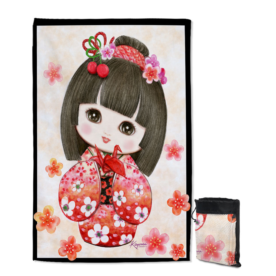Cute Japanese Girl Lightweight Beach Towel Wearing Red Kimono