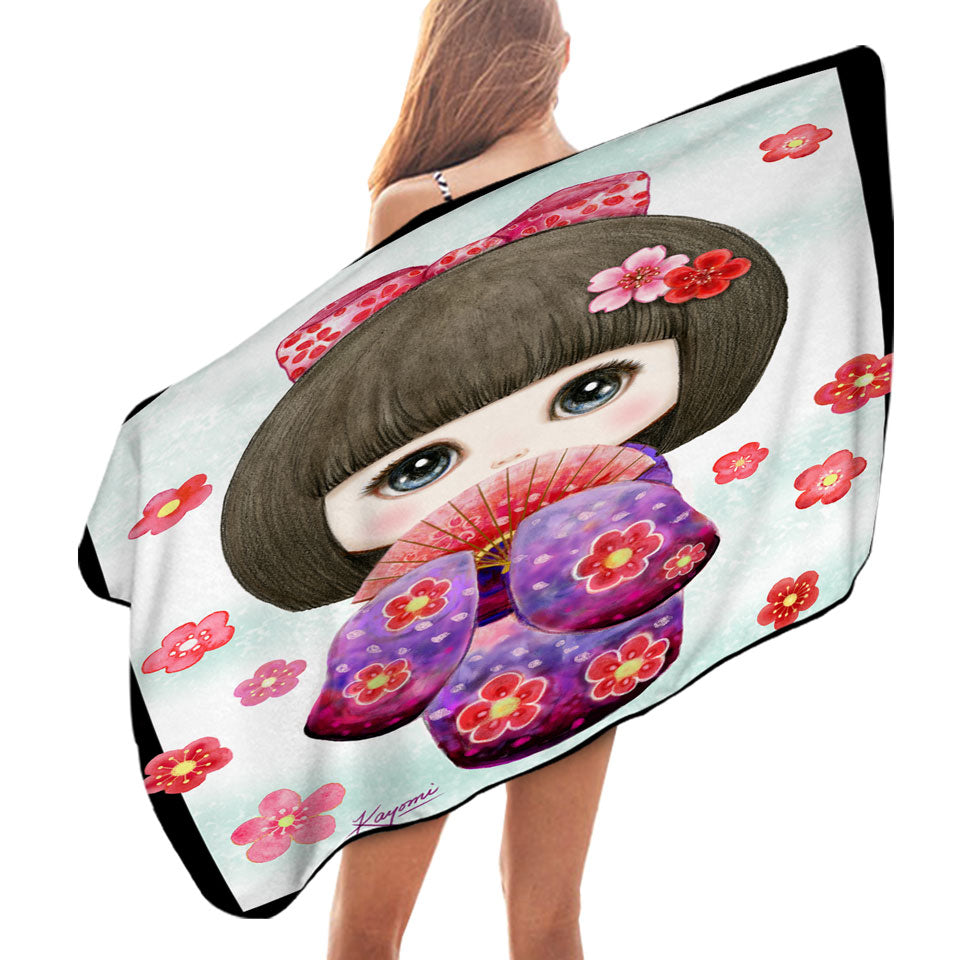 Cute Japanese Girl Microfibre Beach Towels Wearing Kimono and Folding Fan