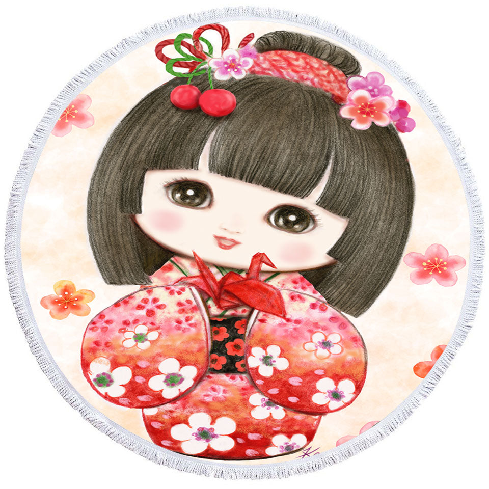 Cute Japanese Girl Round Beach Towel Wearing Red Kimono