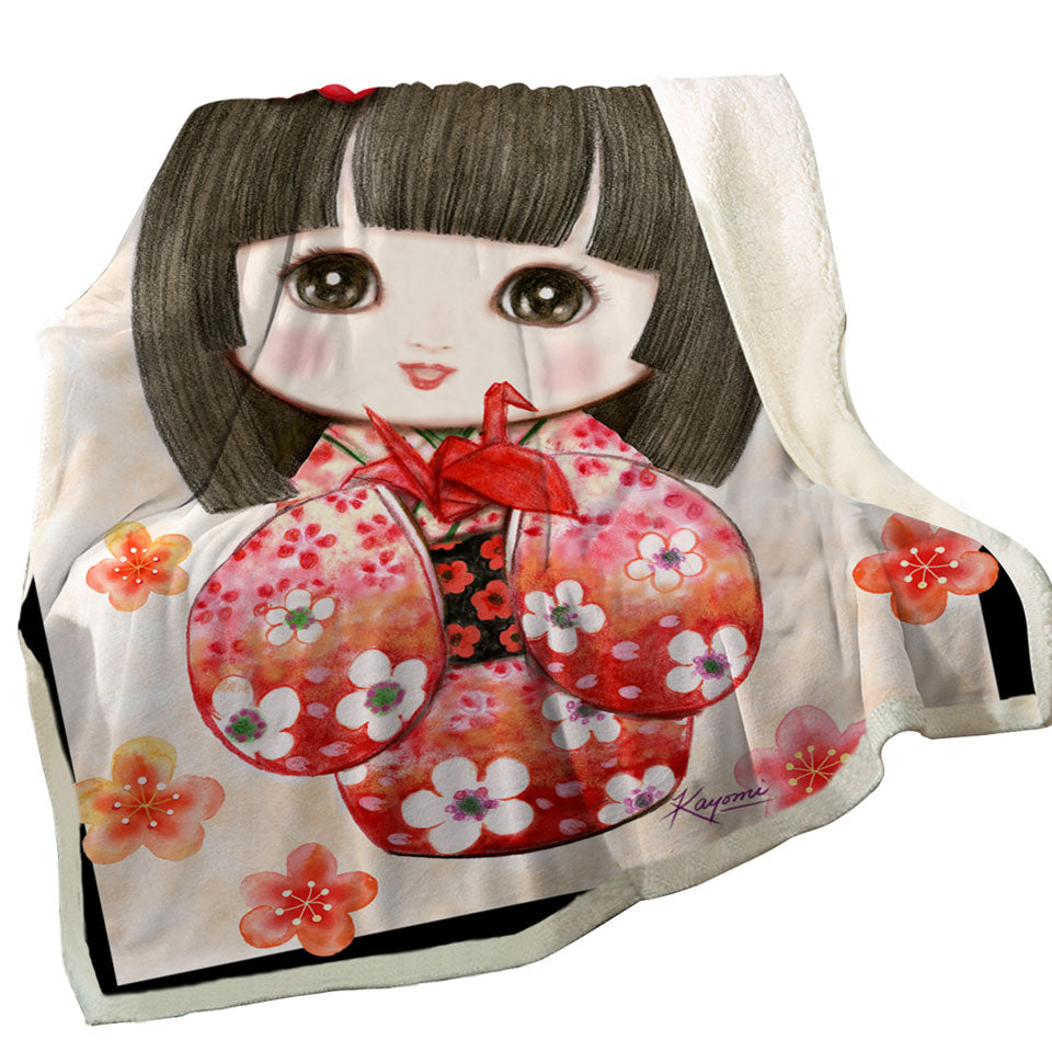 Cute Japanese Girl Sherpa Blanket Wearing Red Kimono