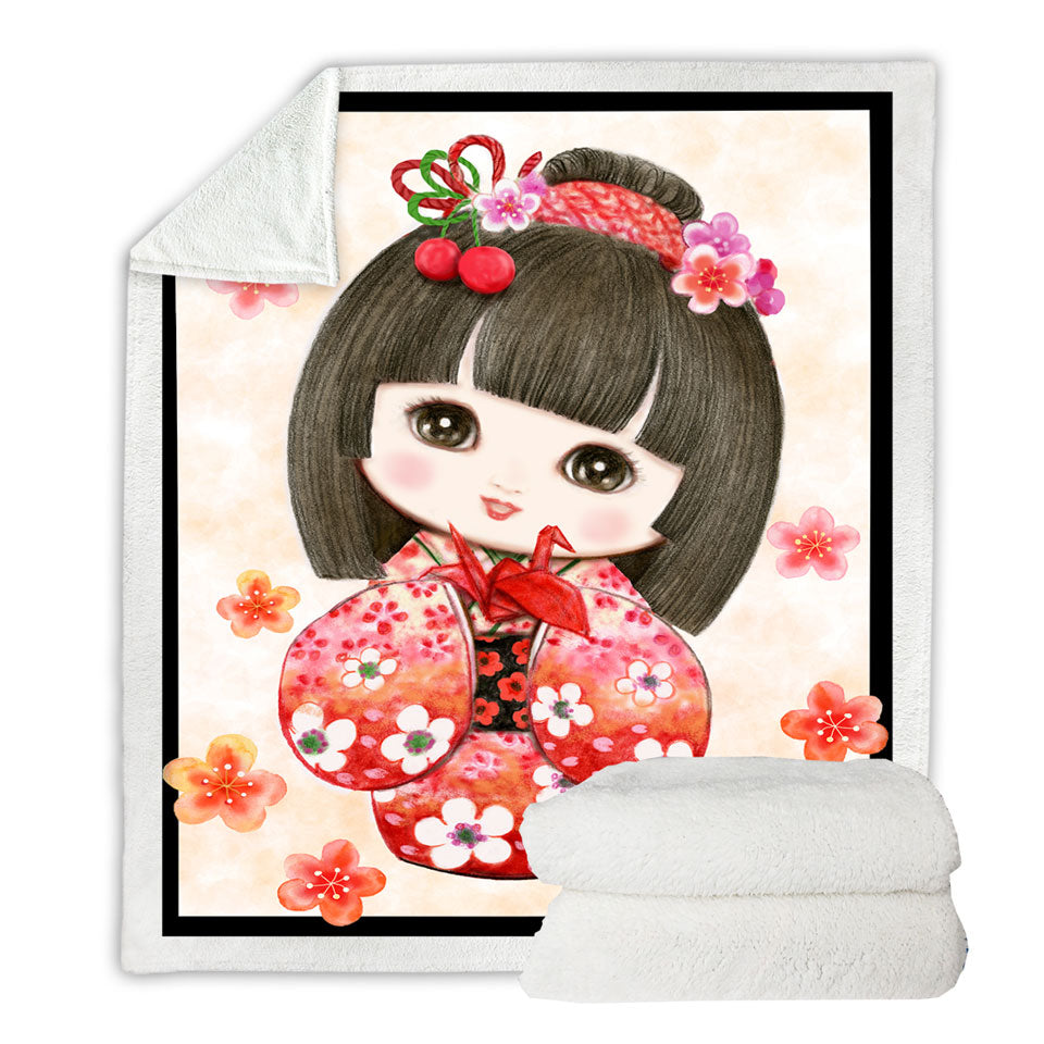 Cute Japanese Girl Sofa Blankets Wearing Red Kimono