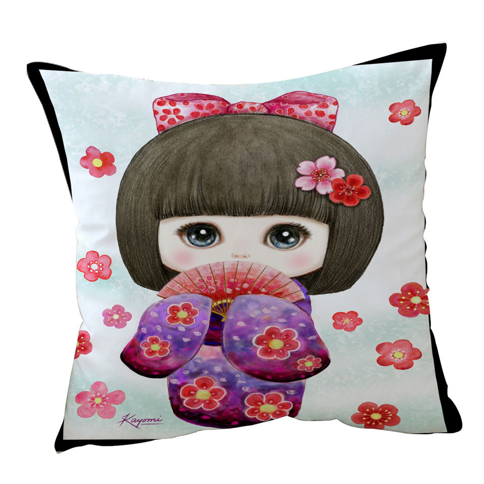 Cute Japanese Girl Throw Pillows and Cushions Wearing Kimono and Folding Fan