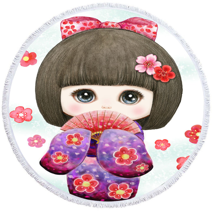 Cute Japanese Girl Unique Beach Towels Wearing Kimono and Folding Fan