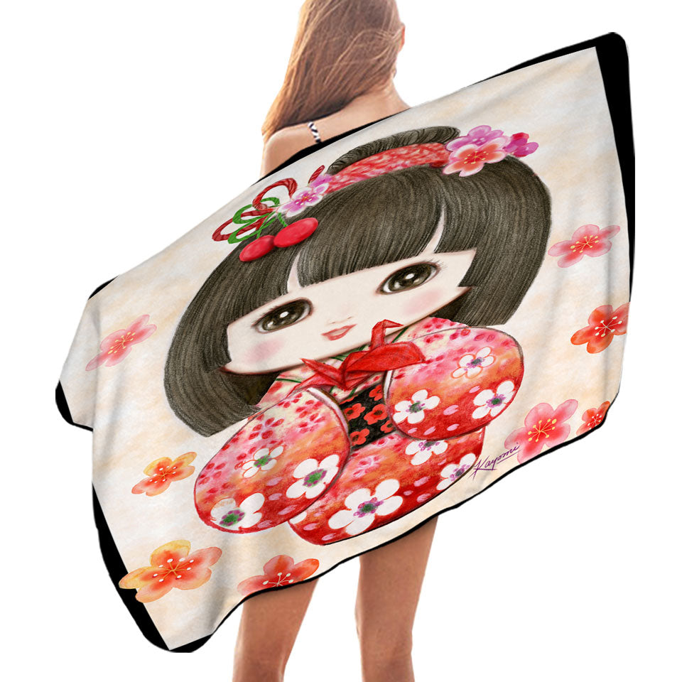 Cute Japanese Girl Unique Beach Towels Wearing Red Kimono