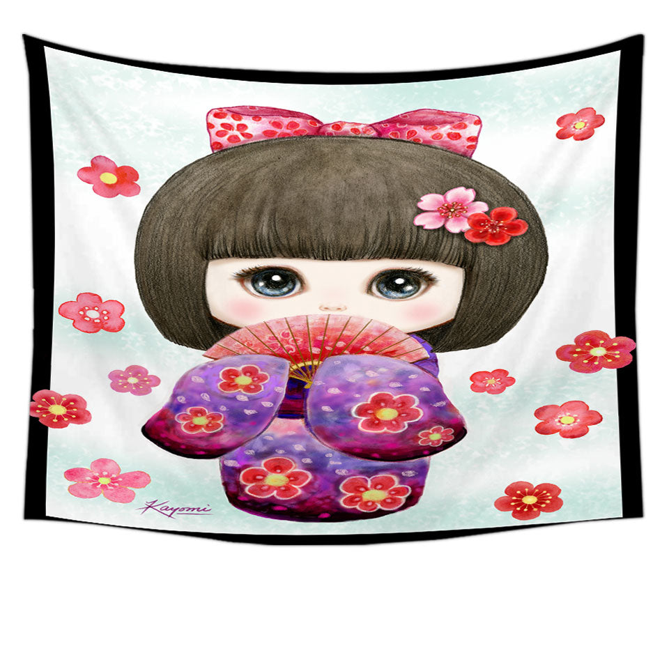 Cute Japanese Girl Wall Decor Wearing Kimono and Folding Fan Tapestry