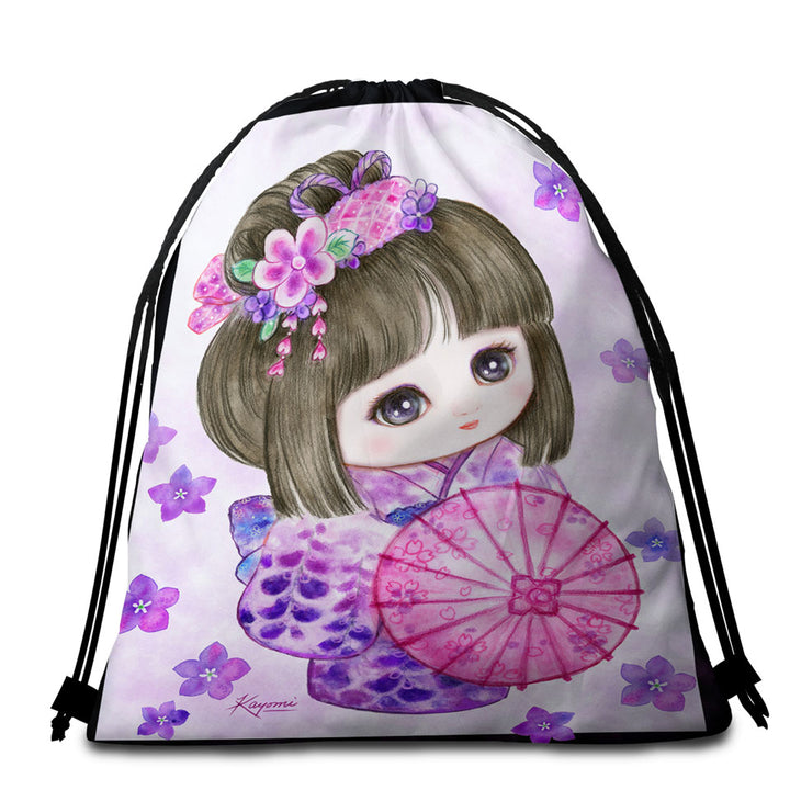 Cute Japanese Girl Wearing Purple Kimono Beach Towel Bags