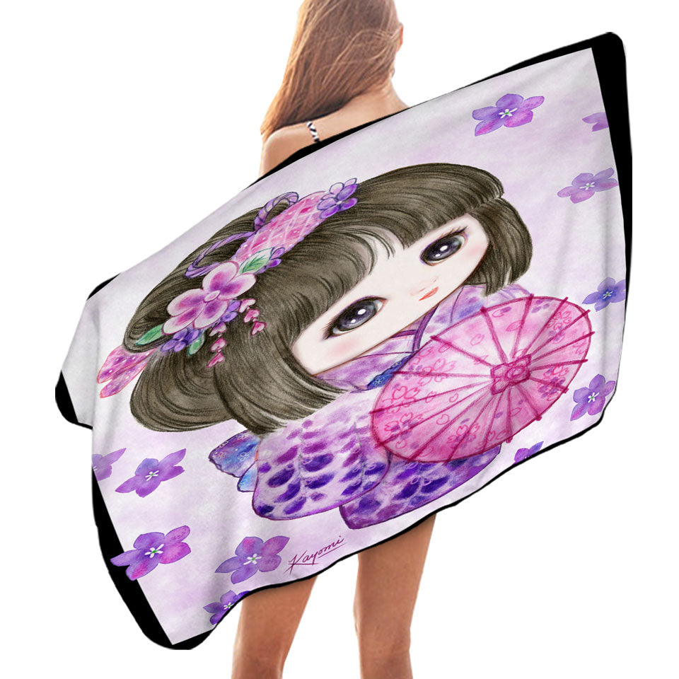 Cute Japanese Girl Wearing Purple Kimono Beach Towels