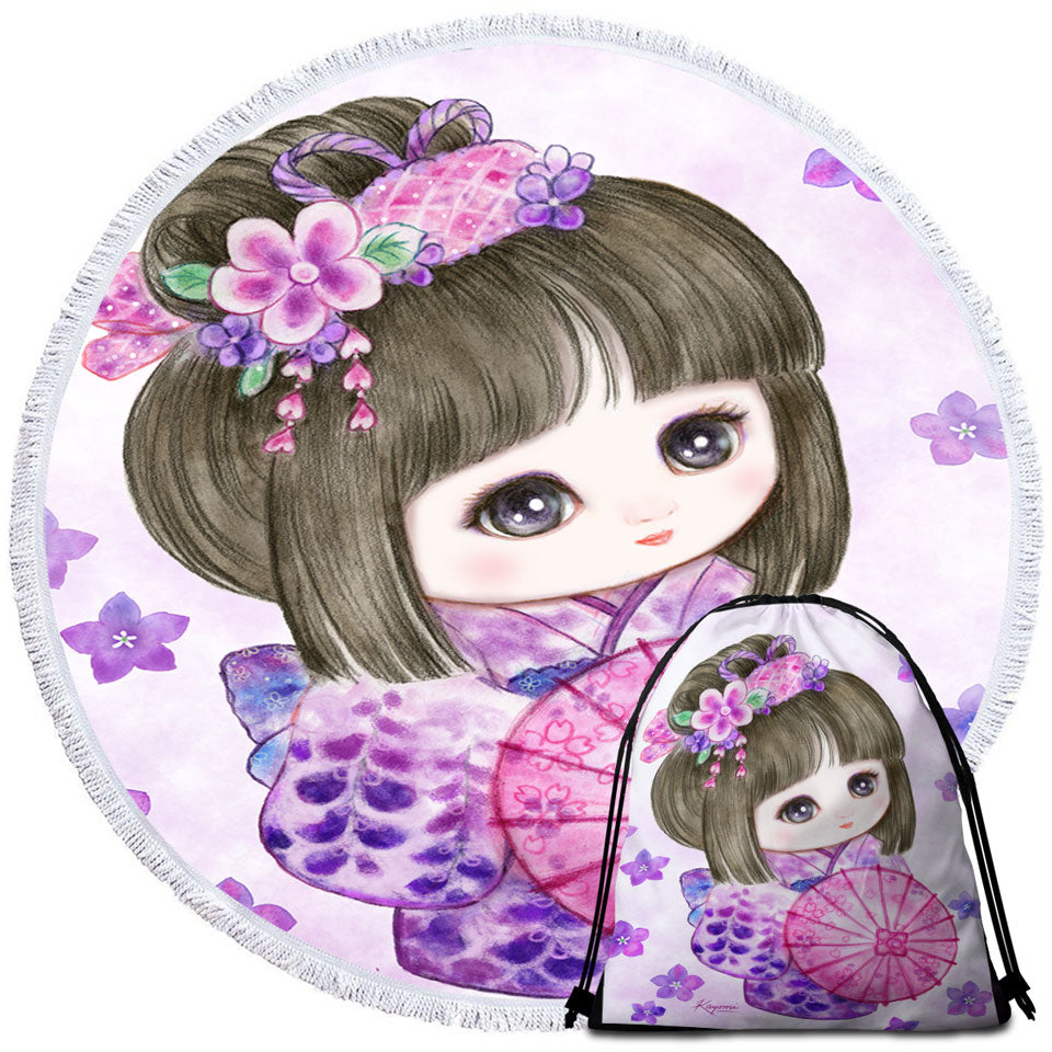 Cute Japanese Girl Wearing Purple Kimono Big Beach Towels