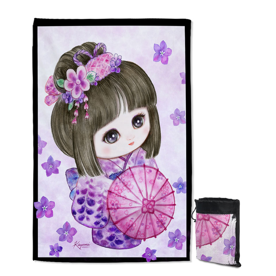 Cute Japanese Girl Wearing Purple Kimono Lightweight Beach Towel