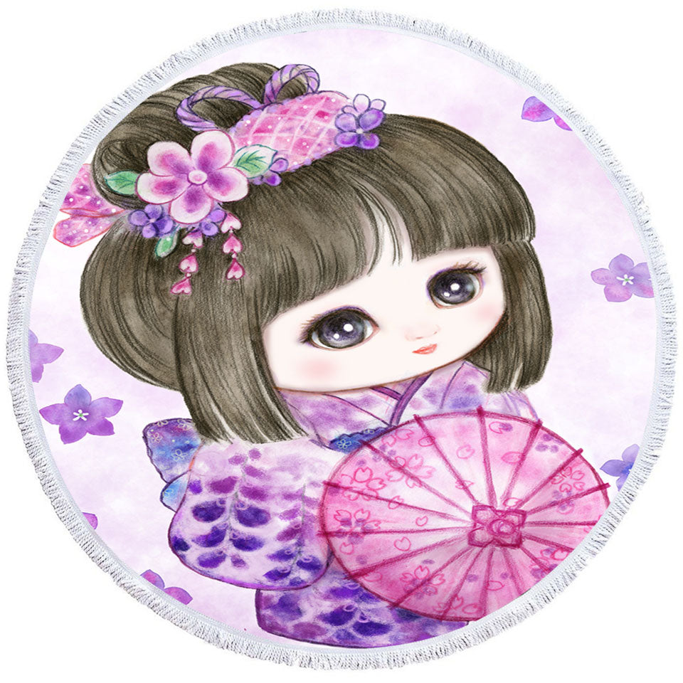 Cute Japanese Girl Wearing Purple Kimono Round Beach Towel