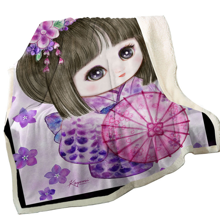 Cute Japanese Girl Wearing Purple Kimono Sherpa Blanket