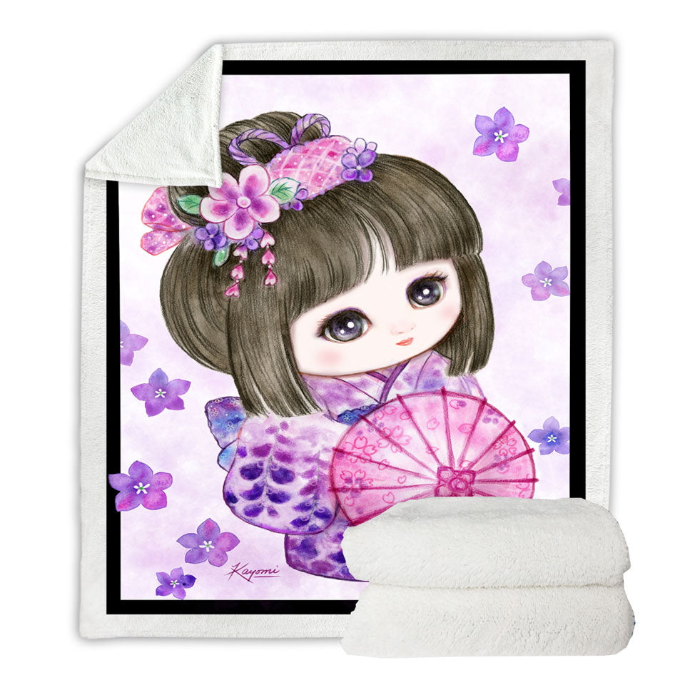Cute Japanese Girl Wearing Purple Kimono Throw Blanket