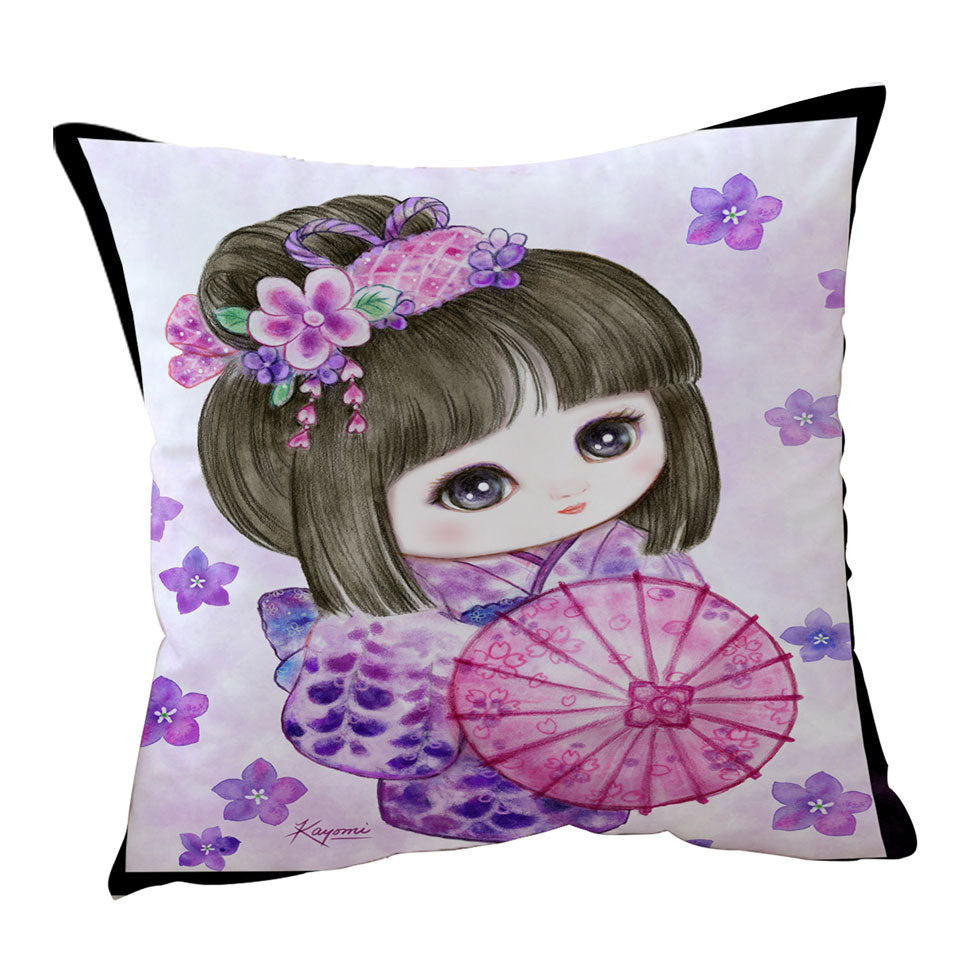 Cute Japanese Girl Wearing Purple Kimono Throw Pillow