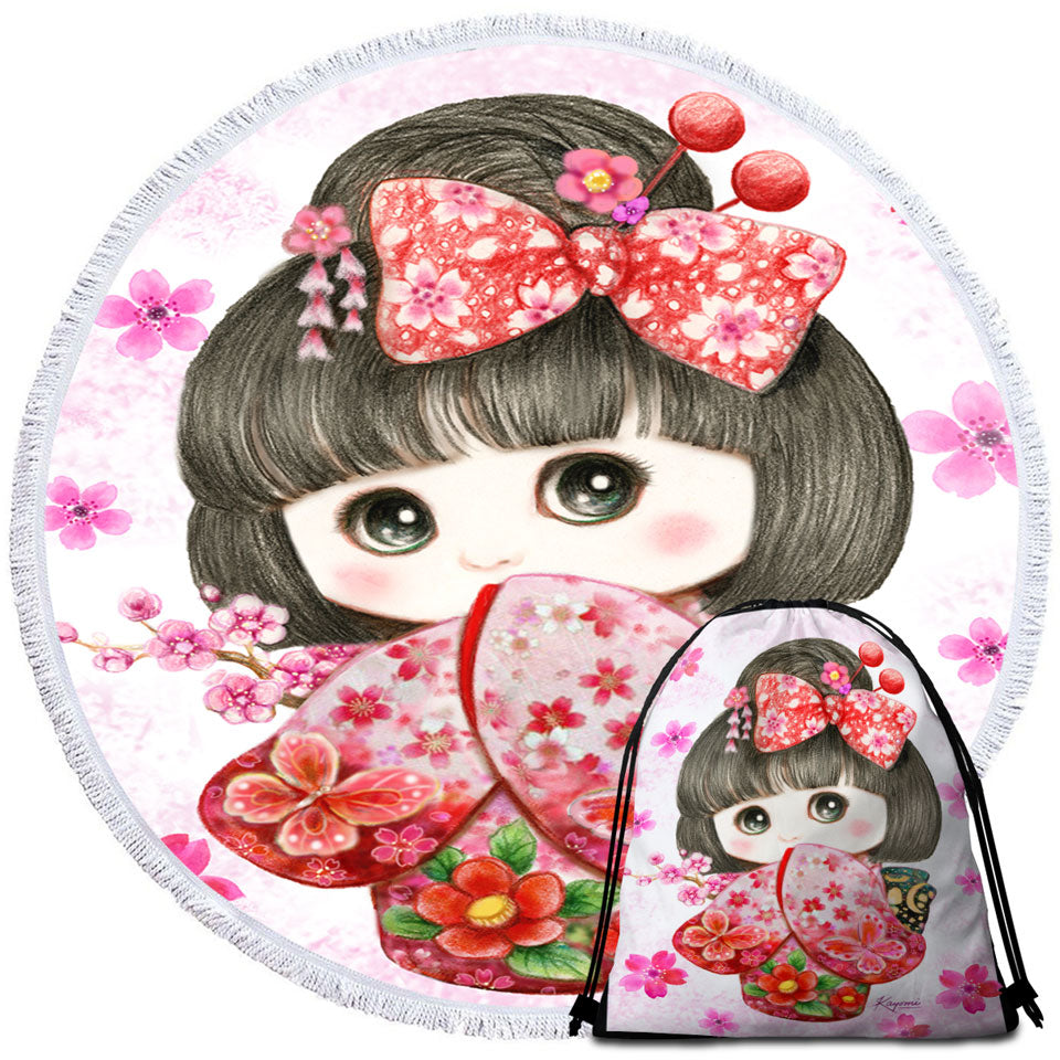 Cute Japanese Kimono Cherry Flowers Girl Beach Bags and Towels