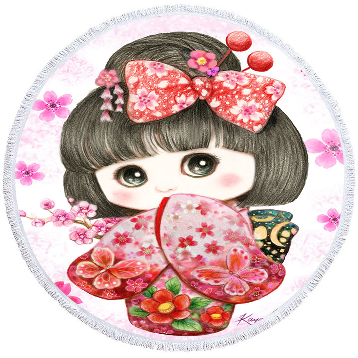 Cute Japanese Kimono Cherry Flowers Girl Beach Towels